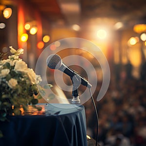 Public speaking enhanced by a microphone on the stage podium.