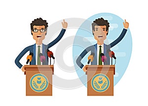 Public statement. Orator speak from tribune. Vector flat illustration