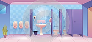 Public toilet. Empty cleaning room wc for male and female person clean toilet interior vector cartoon background photo