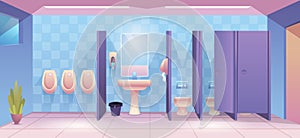 Public toilet. Empty cleaning room wc for male and female person clean toilet interior vector cartoon background