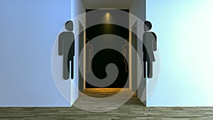 Public toilet entrance in modern cafes and public buildings with black-yellow signs 3d illustration