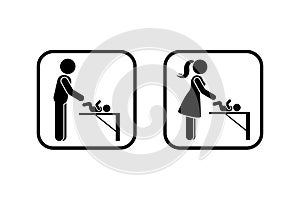 Public toilet icon parenting room vector. Restroom sign mother father taking care of baby stick figure frame pictogram