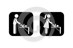 Public toilet icon parenting room vector set. Restroom sign mother father taking care of baby stick figure pictogram