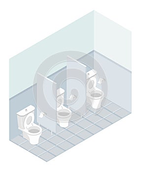 Public toilet isometrics. Interior overall restroom. Toilets and