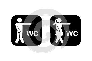 Public toilet man woman finger pointing direction access icon vector set. Restroom funny sign stick figure pictogram