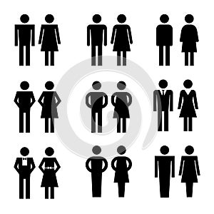 Öffentlich Toilette Vektor Briefmarken. eine Frau a mann Symbole. Schwarz Damen a Männer toilette tür 