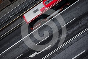 public transport bus on freeway from above in Stockholm in rush hour commuting time on the way to work