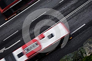 public transport bus on freeway from above in Stockholm in rush hour commuting time on the way to work