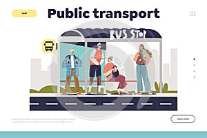 Public transport concept of landing page with people at bus stop waiting for bus arrival