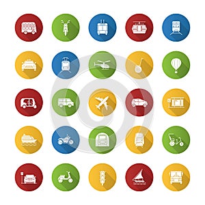 Public transport flat design long shadow glyph icons set