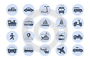 Public transport icon. Car travel. Train and bus. Silhouette symbols. Walk or bike. Ferry ship or airplane. Circle sign