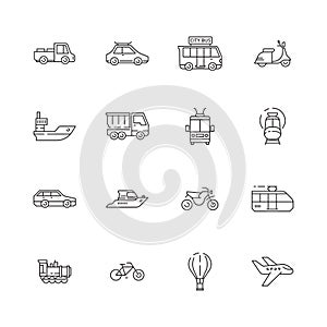 Public transport icons. Cars planes trains boats urban vehicles thin line collection symbols