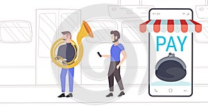 Public transport passenger using smartphone mobile app for paying to man tuba player musician playing the baritone in