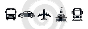 Public transport set. Transportation icons. Public bus, Automobile, Plane, Ship or Ferry, Train. Vector illustration