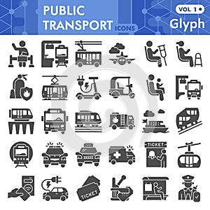 Public transport solid icon set, Traffic symbols collection or sketches. Passenger and public transportation glyph style