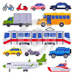 Public transport. Taxi car vehicle, city train and urban transporter isolated cars vector collection