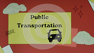 Public transportation inscription on yellow and red background with car symbol. Transportation concept