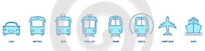 Public Transportation Line Icon Set. Vehicle Transport Color Symbol Collection. Car, Train, Bus, Plane, Ship Linear