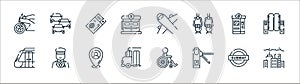 public transportation line icons. linear set. quality vector line set such as pollution, turnstiles, school bus, subway, ticket