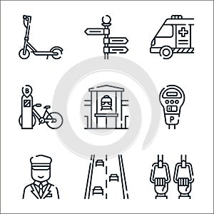 public transportation line icons. linear set. quality vector line set such as passengers, road, ticket collector, parking meter,