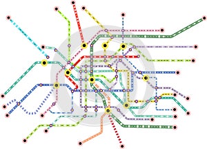 Public transportation map of a large city, fictional vector art