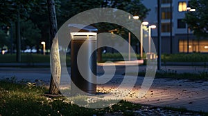 Public trash can with solarpowered lights for added visibility at night.