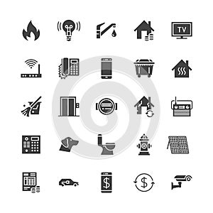 Public utilities flat glyph icons. Rent receipt, electricity water, gas, house heating, CCTV, overhaul, garbage vector