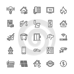 Public utilities flat line icons. Rent receipt, electricity water, gas, house heating, CCTV, overhaul, garbage vector