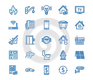 Public utilities flat line icons. Rent receipt, electricity water, gas, house heating, CCTV, overhaul, garbage vector