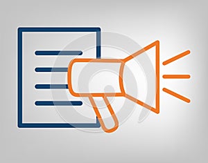 Publication icon. Megaphone with information list. Laconic blue and orange lines on gray background. Isolated vector object