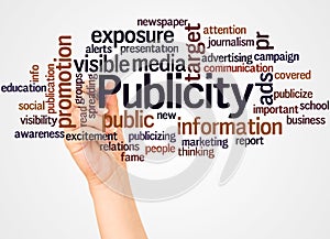 Publicity word cloud and hand with marker concept