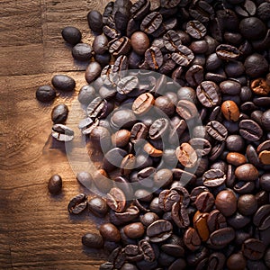 Publish Coffee beans arranged on a wooden table, ideal for banners