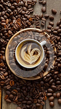 Publish Coffee beans arranged on a wooden table, ideal for banners