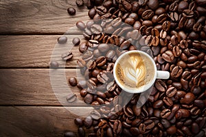 Publish Coffee beans arranged on a wooden table, ideal for banners