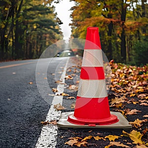 Publish Construction cone on road in autumn, seasonal road safety