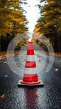 Publish Construction cone on road in autumn, seasonal road safety