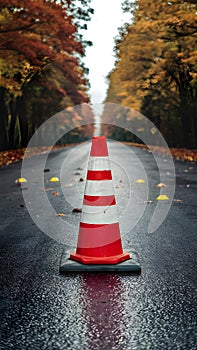 Publish Construction cone on road in autumn, seasonal road safety