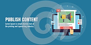 Publish content, digital content marketing, development, distribution, publication, content promotion, reach audience via content photo