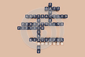 Publish, creative keyword crossword. For web page, graphic design, texture or background. 3D rendering.