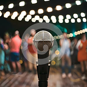 Publish Microphone on stage at outdoor night party, bokeh background photo