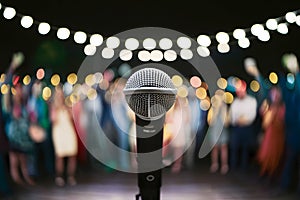 Publish Microphone on stage at outdoor night party, bokeh background photo