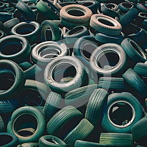 Publish Pile of used rubber tyres, tire dump, environmental concept