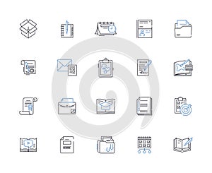 Published works line icons collection. Books, Novels, Short stories, Poems, Essays, Screenplays, Scripts vector and photo
