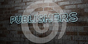 PUBLISHERS - Glowing Neon Sign on stonework wall - 3D rendered royalty free stock illustration