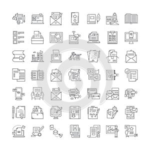 Publishing house linear icons, signs, symbols vector line illustration set