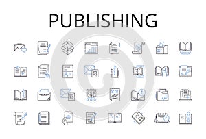 Publishing line icons collection. Printing press, Bookmaking, Magazine creation, Article releasing, Report production