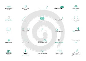 Publishing, writing, and copywrite theme. Vector hand drawn set of logo templates in colour.