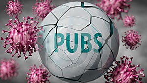 Pubs and Covid-19 virus, symbolized by viruses destroying word Pubs to picture that coronavirus outbreak destroys Pubs, blurred
