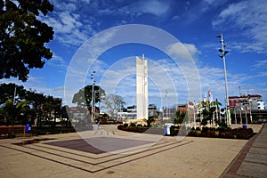 Pucallpa city with garden flower and sculture monument peru