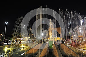 pucallpa peru, plaza de armas with illuminated water fountain